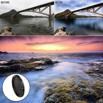 52mm Adjustable Neutral Density Filter for Outdoor Photography showing before-and-after long exposure waterfall and seascape with filter inset