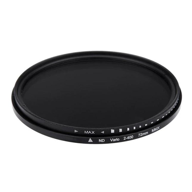 72mm Adjustable Neutral Density Filter for Exposure Control — slim variable ND2–ND400 filter for 72mm lenses, 2–8 stops of exposure reduction