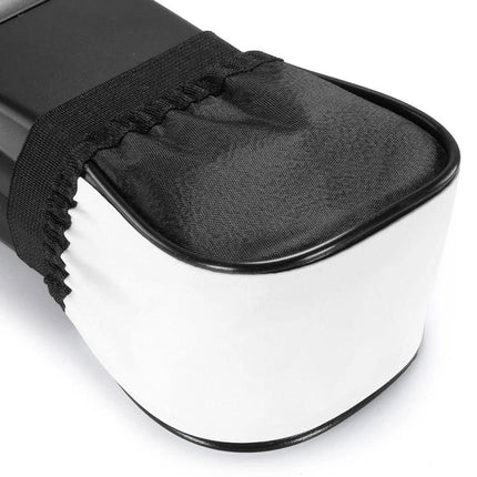 Mini Soft Flash Diffuser for Photography, 100mm x 85mm x 65mm attached to speedlight showing white fabric softbox and elastic strap