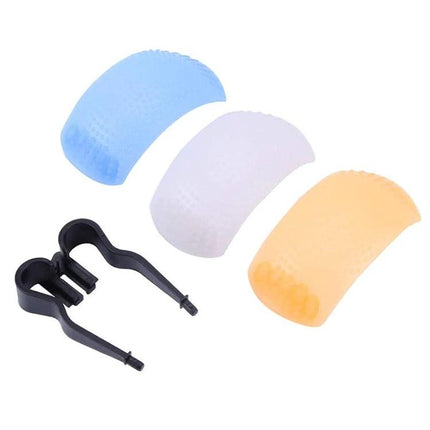 Pop-up Flash Diffuser Kit with White, Blue, and Orange Options showing three curved diffusers and black clip for softening camera pop-up flash