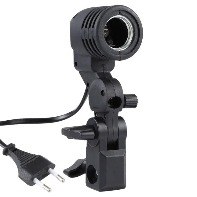 Adjustable Studio Light Stand with Umbrella Holder for Photography - black E27 bulb holder with clamp and power cord, stable studio lighting support