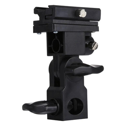 Flash Light Stand Bracket for Camera and Umbrella Setup mounted on light stand, adjustable angle, umbrella holder and flash shoe for studio and outdoor photography