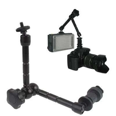 11-Inch Articulating Magic Arm for Camera and Monitor Mounting — adjustable arm with large center locking knob holding LED light and camera monitor