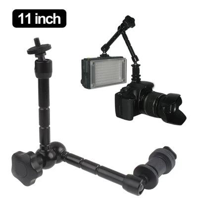 11-Inch Articulating Magic Arm for Camera and Monitor Mounting - adjustable arm with large center locking knob holding LED light on DSLR rig