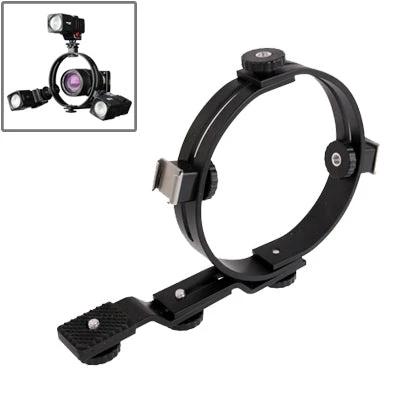 O-Shaped Mounting Bracket for Camcorder Video Lights securely holding three flash lights for improved on-camera illumination