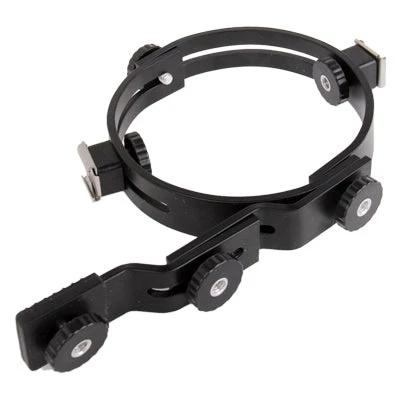 O-Shaped Mounting Bracket for Camcorder Video Lights securely holding flash/video light on camcorder for stable, even on-camera illumination, black metal