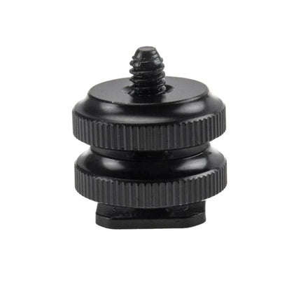Durable Aluminum Hot Shoe Adapter for DSLR and GoPro Cameras showing black 1/4-inch screw mount with dual knurled rings