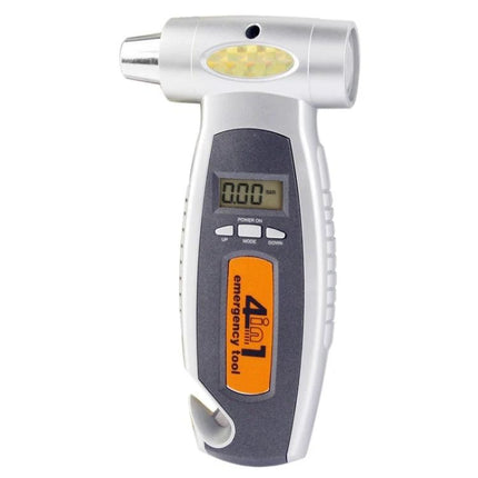 Reliable Emergency Tool for Roadside and Daily Vehicle Needs - compact 4-in-1 device with digital tire gauge, flashlight, hammer and seat belt cutter