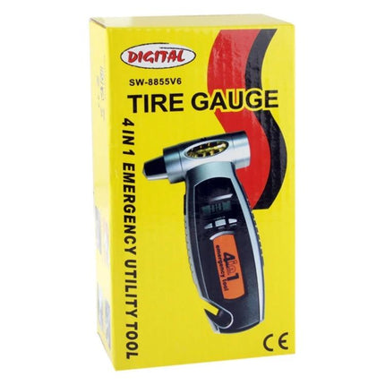 Reliable Emergency Tool for Roadside and Daily Vehicle Needs compact 4-in-1 tire gauge flashlight hammer seatbelt cutter in yellow packaging