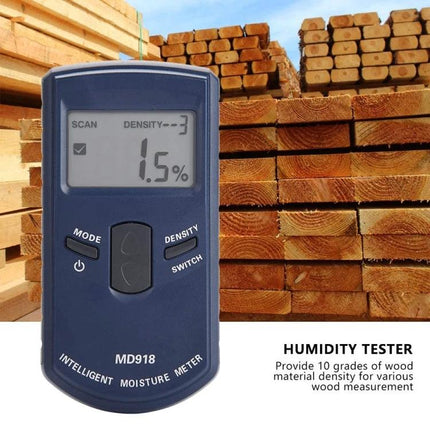 Digital Moisture Meter for Wood and Timber Moisture Checking — handheld MD918 showing 1.5% reading in front of stacked lumber