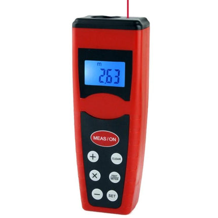 Ultrasonic Distance Measurer with Laser Pointer for Everyday Use - red handheld unit showing backlit LCD 2.63m and active laser