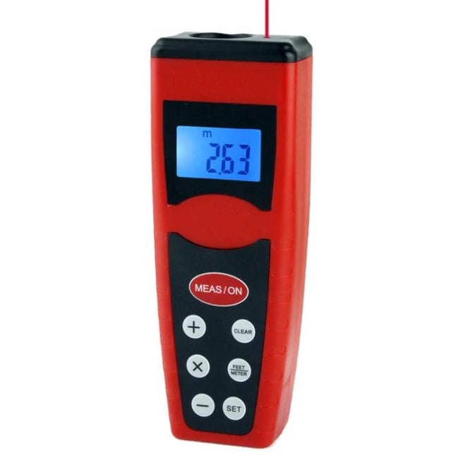 Ultrasonic Distance Measurer with Laser Pointer for Everyday Use - red handheld unit showing backlit LCD 2.63m and active laser
