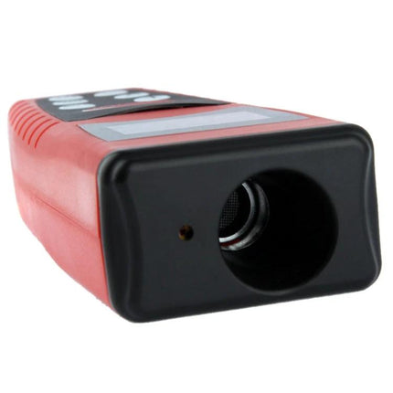 Ultrasonic Distance Measurer with Laser Pointer for Everyday Use red handheld device with backlit LCD and front sensor