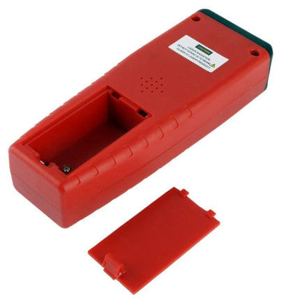 Ultrasonic Distance Measurer with Laser Pointer for Everyday Use red handheld device with backlit LCD and removable battery cover
