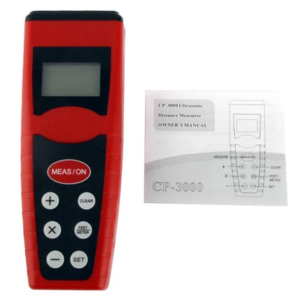 Ultrasonic Distance Measurer with Laser Pointer for Everyday Use - red handheld device with backlit LCD and owner’s manual