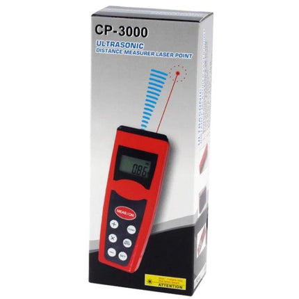 Ultrasonic Distance Measurer with Laser Pointer for Everyday Use - red CP-3000 device boxed with backlit LCD and laser