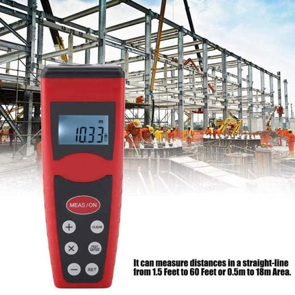 Ultrasonic Distance Measurer with Laser Pointer for Everyday Use - red handheld device measuring 10.33m on backlit LCD at construction site