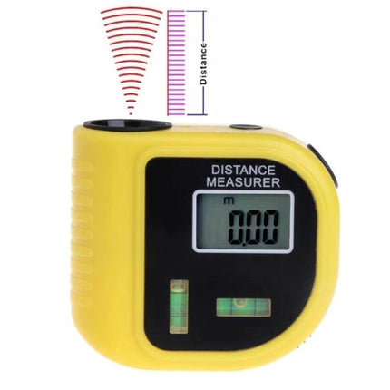 Ultrasonic Distance Measurer with Laser Pointer for Daily Use yellow handheld device showing digital display and bubble levels