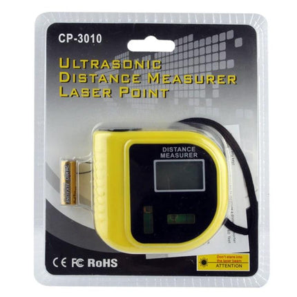 Ultrasonic Distance Measurer with Laser Pointer for Daily Use handheld yellow device in retail packaging showing display and laser