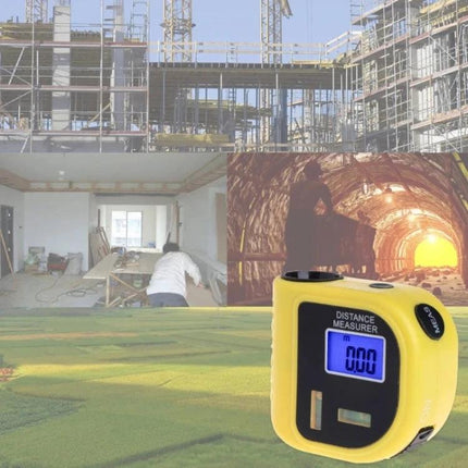 Ultrasonic Distance Measurer with Laser Pointer for Daily Use - compact yellow meter shown on construction, renovation and outdoor scenes