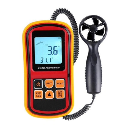 Handheld Digital Anemometer for Measuring Wind Speed and Temperature handheld unit with separate propeller sensor showing 3.6 m/s and 31.1°C display
