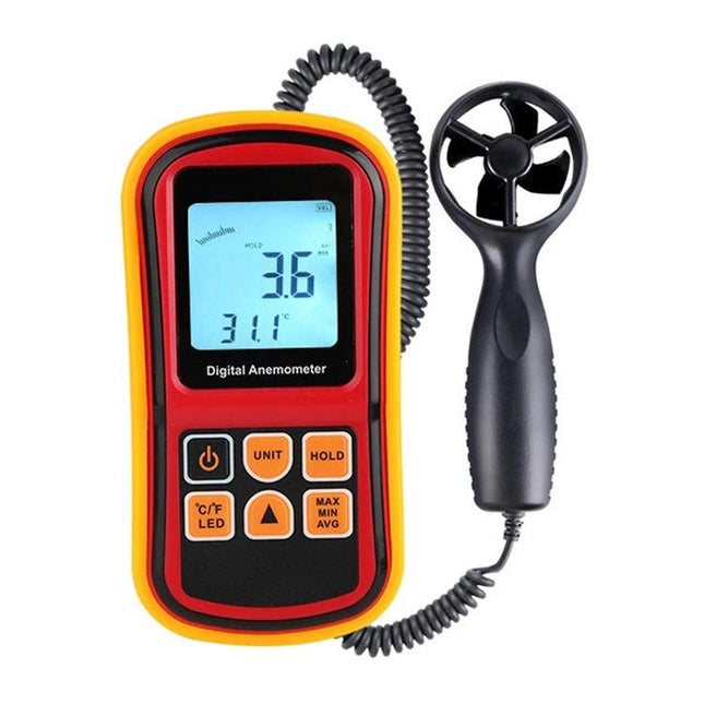 Handheld Digital Anemometer for Measuring Wind Speed and Temperature handheld unit with separate propeller sensor showing 3.6 m/s and 31.1°C display
