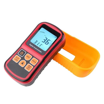 Handheld Digital Anemometer for Measuring Wind Speed and Temperature - compact red digital meter with backlit display showing wind speed and orange protective case