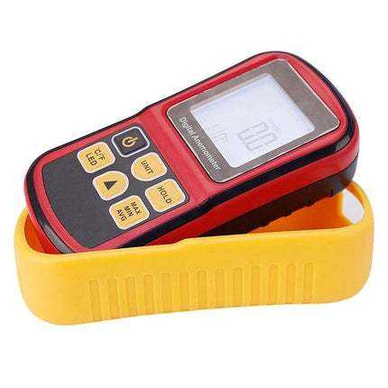 Handheld Digital Anemometer for Measuring Wind Speed and Temperature - red handheld unit with digital display and yellow protective case
