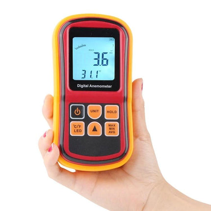 Handheld Digital Anemometer for Measuring Wind Speed and Temperature - compact handheld device showing wind speed 3.6 and temperature 31.1°C, orange protective case