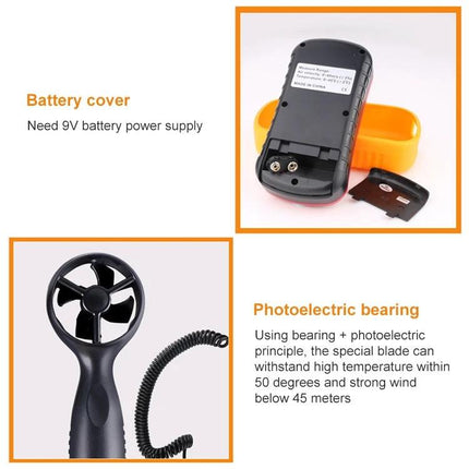 Handheld Digital Anemometer for Measuring Wind Speed and Temperature showing battery cover, 9V battery slot, and photoelectric fan sensor