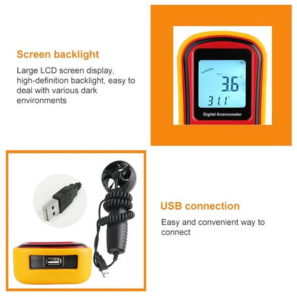 Handheld Digital Anemometer for Measuring Wind Speed and Temperature with backlit LCD display and USB connection