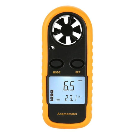 Compact Anemometer for Outdoor Wind and Temperature Monitoring handheld yellow wind speed and temperature meter showing 6.5 m/s and 23.1°C