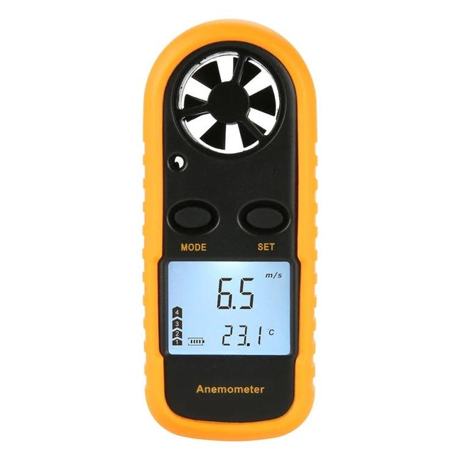 Compact Anemometer for Outdoor Wind and Temperature Monitoring handheld yellow wind speed and temperature meter showing 6.5 m/s and 23.1°C