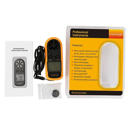 Compact Anemometer for Outdoor Wind and Temperature Monitoring - portable handheld wind speed and temperature meter with lanyard and packaging