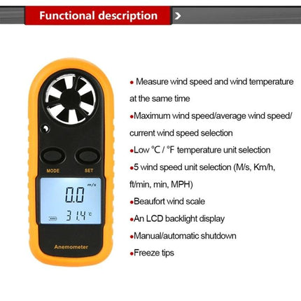 Compact Anemometer for Outdoor Wind and Temperature Monitoring handheld device showing wind vane, LCD and temperature readout