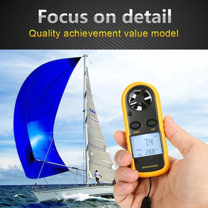 Compact Anemometer for Outdoor Wind and Temperature Monitoring handheld device shown measuring wind speed while sailing with blue spinnaker