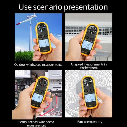 Compact Anemometer for Outdoor Wind and Temperature Monitoring shown in hand measuring wind speed and temperature in outdoor and indoor scenarios
