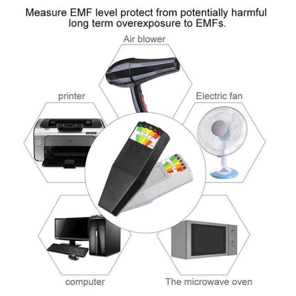 Portable 5-LED Electromagnetic Radiation Detector for Home Monitoring showing device and LED indicators measuring EMF from appliances