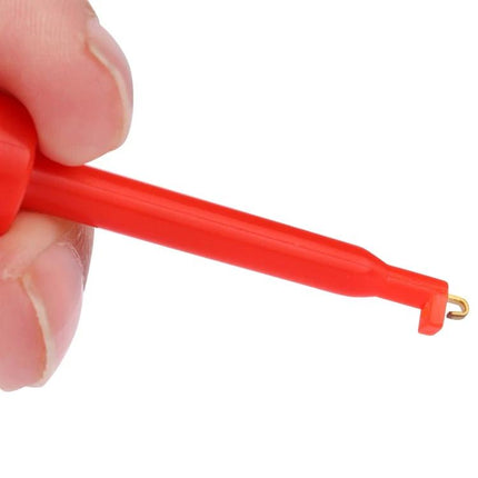 Large Black and Red Hook Test Probe Clip for Testing – close-up of red probe tip held between fingers, ABS housing for secure electronic connections