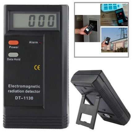 Electromagnetic Radiation Detector for Home Environment Monitoring handheld DT-1130 showing LCD readout and use near outlets and appliances