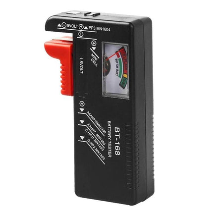 Universal Battery Tester for AAA, AA, and 9V Batteries - handheld analog battery tester checking AAA AA 9V cells for power levels