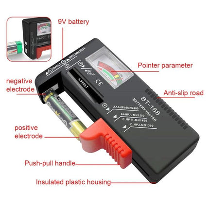 Universal Battery Tester for AAA, AA, and 9V Batteries - compact handheld tester with analog meter, push-pull handle and insulated housing