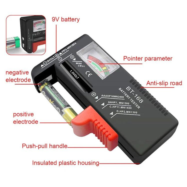 Universal Battery Tester for AAA, AA, and 9V Batteries - compact handheld tester with analog meter, push-pull handle and insulated housing