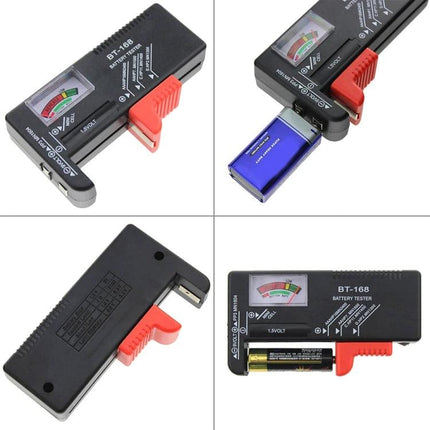 Universal Battery Tester for AAA, AA, and 9V Batteries showing meter gauge and adjustable red contact testing AAA, AA and 9V battery types