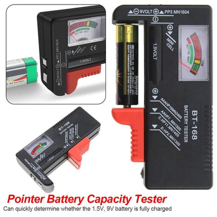 Universal Battery Tester for AAA, AA, and 9V Batteries - handheld pointer battery capacity tester with analog gauge for 1.5V and 9V cells