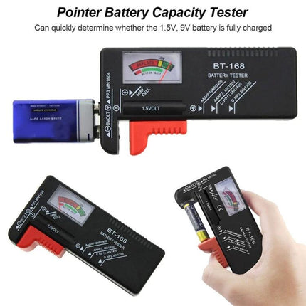 Universal Battery Tester for AAA, AA, and 9V Batteries - handheld BT-168 pointer battery capacity tester checking AAA, AA and 9V cells