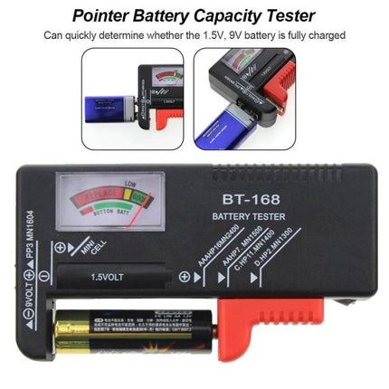 Universal Battery Tester for AAA, AA, and 9V Batteries - BT-168 pointer style tester measuring AAA AA 9V battery charge levels