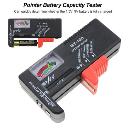 Universal Battery Tester for AAA, AA, and 9V Batteries - compact pointer-style BT-168 testing AAA AA 9V battery charge levels