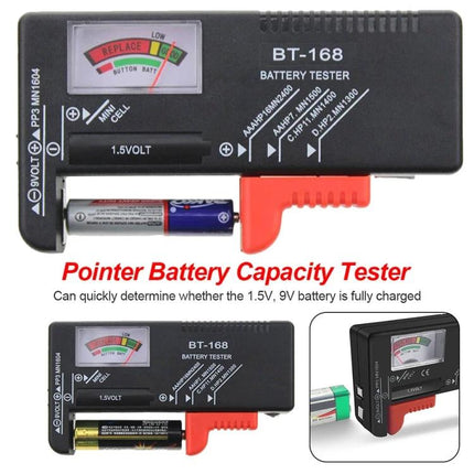Universal Battery Tester for AAA, AA, and 9V Batteries - compact BT-168 pointer battery capacity tester showing AAA 1.5V and 9V measurements