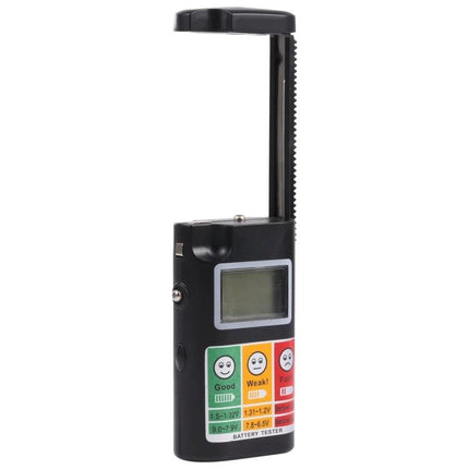 Digital LCD Battery Tester for Common Household Types - handheld tester with LCD and color-coded Good/Weak/Fair indicators for AA/AAA/9V batteries